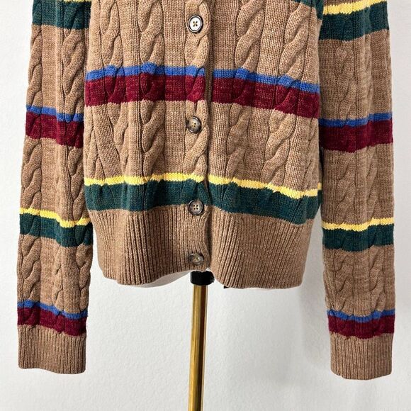 Polo Ralph Lauren Striped Cable Knit Cardigan Camel Wool Cotton XL Preppy $499 - Picture 9 of 13